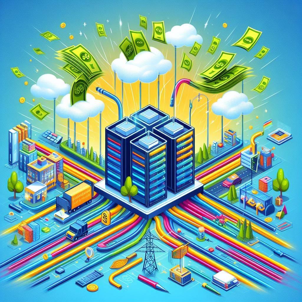 create an image of a data centre that instead of transmitting and sending data along connection cables and fibres, it's sending cash to represent that incredible value and earnings that data centres can now create. Make it colourful and fun