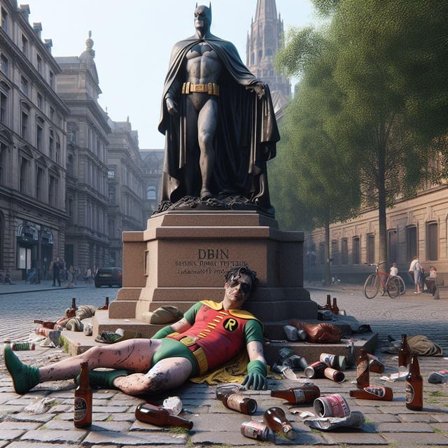 r/weirddalle - Reporter: Hey Robin, aren't you tired of being considered just Batman's sidekick? Robin: Nah!!! It's not that bad.