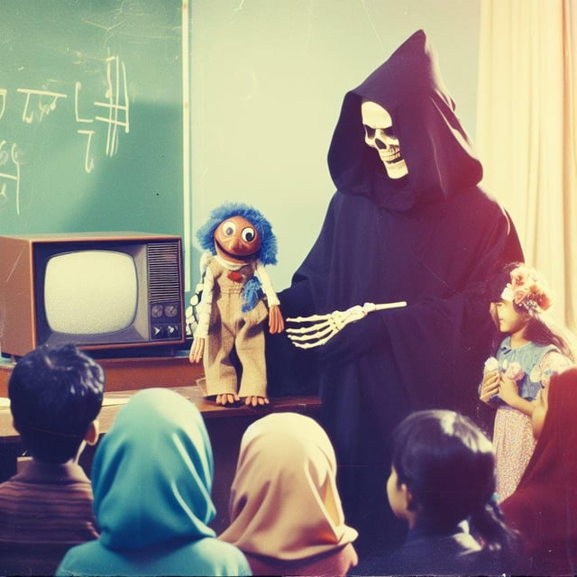 r/weirddalle - Lost 80s kids special "Learning about Death with Death."