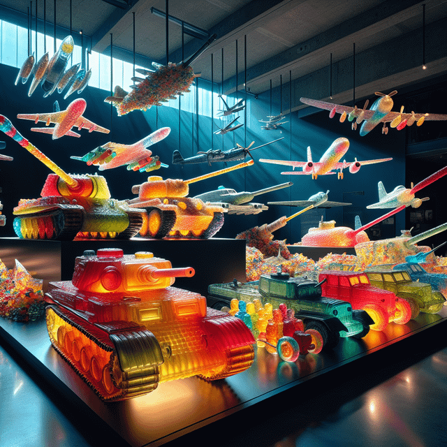 r/weirddalle - Military equipment made of gummies and candy in a museum exhibit