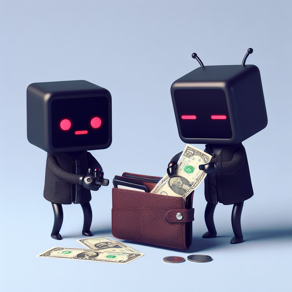 chatgpt represented by a small, mischievous robot picking pockets and taking $24 from someone's wallet